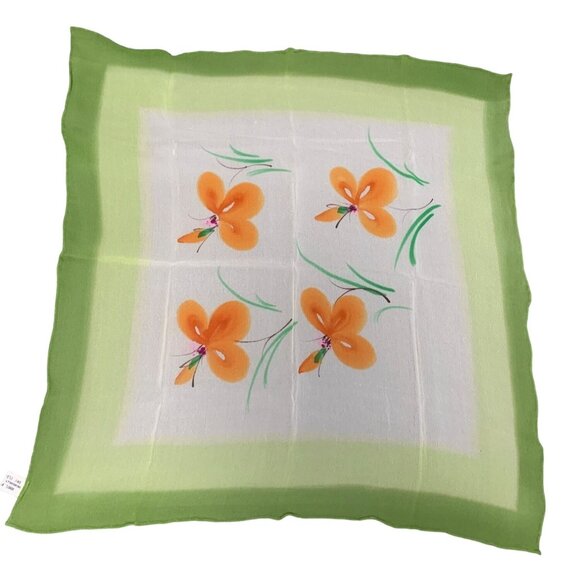 Vintage Floral Silk Scarf Handkerchief with Orange Flowers Green Border - Picture 1 of 8